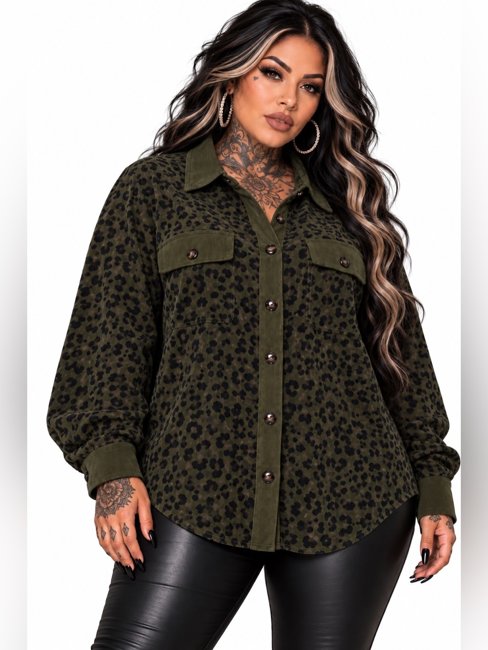 Shein Plus Size Leopard Corduroy Button-Up Top